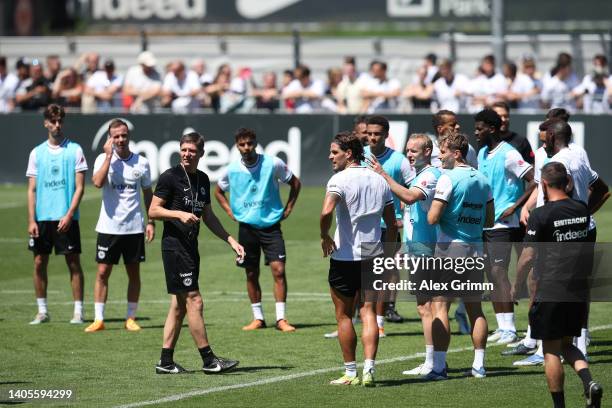 Oliver Glasner, Head coach of Eintracht Frankfurt gives their team instructions during a training session ahead of the Mario Götze presentation as a...