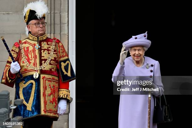 Queen Elizabeth II attends an Armed Forces Act of Loyalty Parade at the Palace of Holyroodhouse on June 28, 2022 in Edinburgh, United Kingdom....