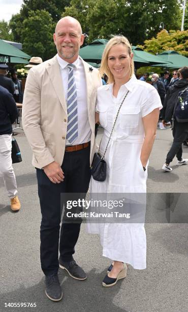 Mike Tindall and Zara Phillips attend Day Two of Wimbledon 2022 at the All England Lawn Tennis and Croquet Club on June 28, 2022 in London, England.