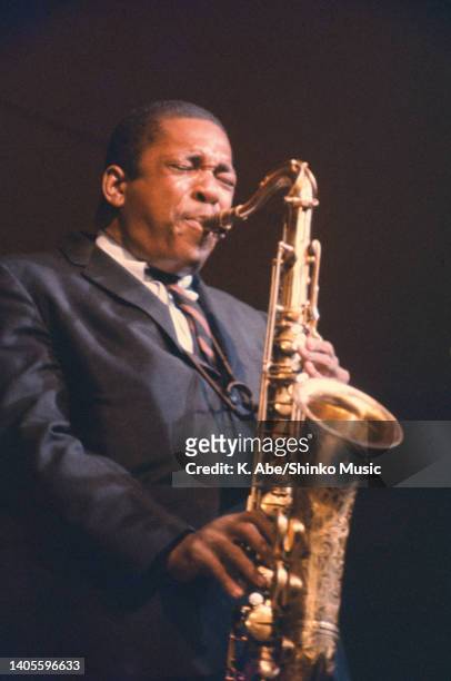 John Coltrane plays the tenor saxophone eyes closed, unknown, circa 1970s.