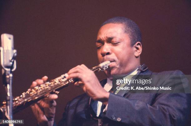 John Coltrane plays the soprano saxophone toward mic, unknown, circa 1970s.