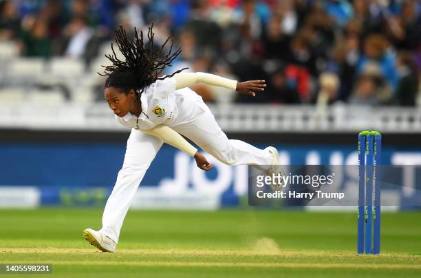 Tumi Sekhukhune of South Africa in bowling action during Day Two of the First Test Match between England Women and South Africa Women at The Cooper...