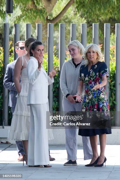 Queen Letizia of Spain and USA first Lady Jill Baiden with Jill Biden's granddaughters Maisy Biden and Finnegan Biden visit CREADE Refugees Center on...