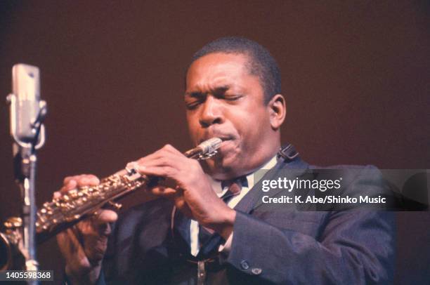 John Coltrane plays the soprano saxophone toward mic, unknown, circa 1970s.