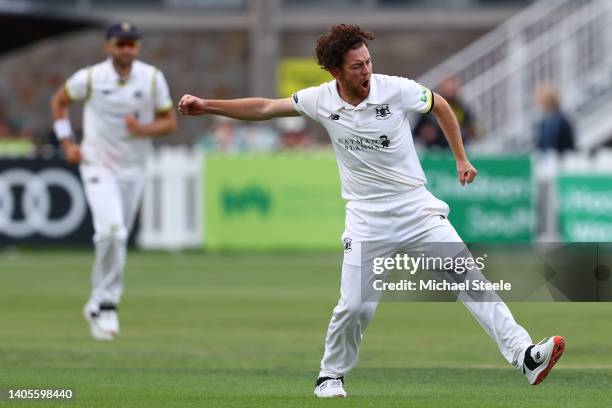 Ryan Higgins of Gloucestershire celebrates taking the wicket of Steven Croft of Lancashire during day three of the LV= Insurance County Championship...