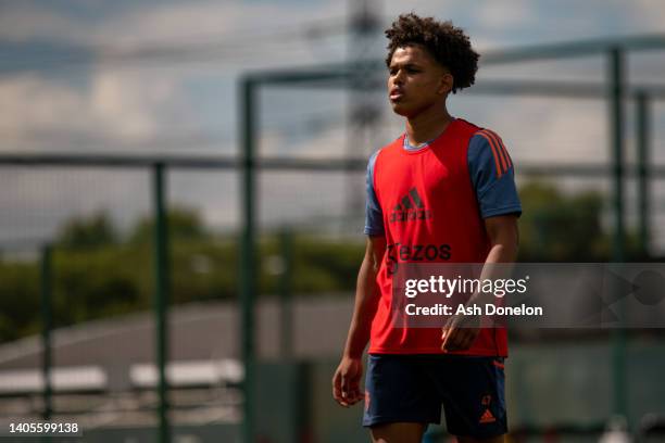 Shola Shoretire of Manchester United in action during a first team training session at Carrington Training Ground on June 27, 2022 in Manchester,...