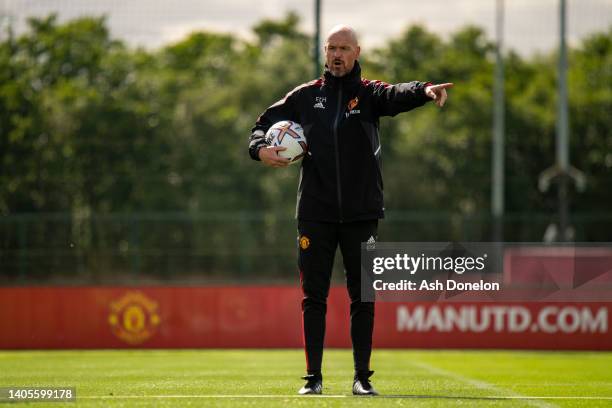 Manager Erik ten Hag of Manchester United in action during a first team training session at Carrington Training Ground on June 27, 2022 in...