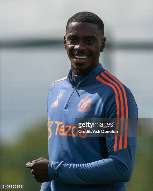 Axel Tuanzebe of Manchester United in action during a first team training session at Carrington Training Ground on June 27, 2022 in Manchester,...