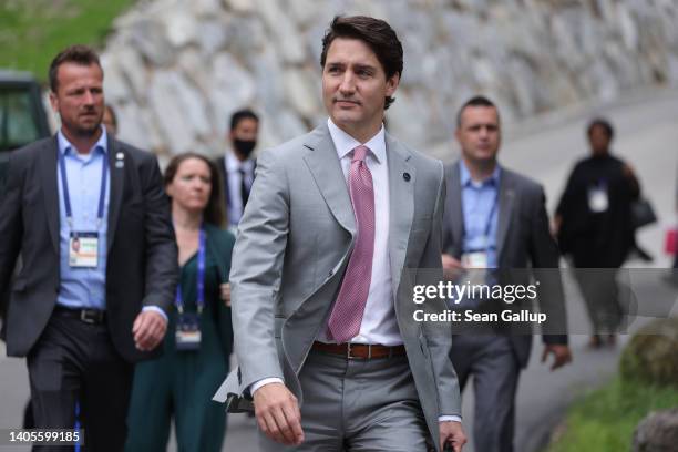 Canadian Prime Minister Justin Trudeau arrives to speak to the media on the third and final day of the G7 summit at Schloss Elmau on June 28, 2022...