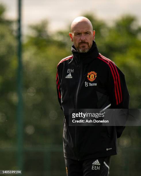 Manager Erik ten Hag of Manchester United in action during a first team training session at Carrington Training Ground on June 27, 2022 in...