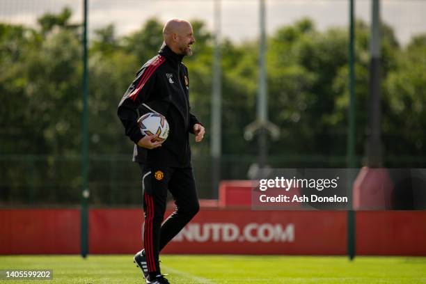 Manager Erik ten Hag of Manchester United in action during a first team training session at Carrington Training Ground on June 27, 2022 in...