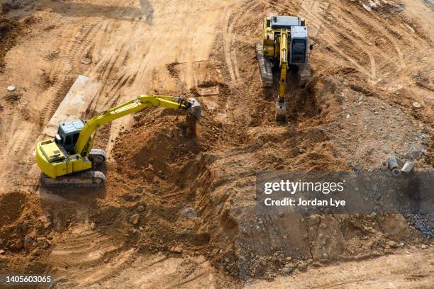 aerial view of an excavator. - mina de superficie fotografías e imágenes de stock