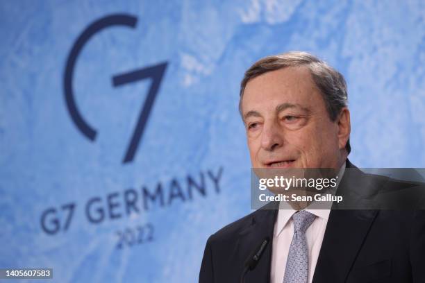 Italian Prime Minister Mario Draghi speaks to the media on the third and final day of the G7 summit at Schloss Elmau on June 28, 2022 near...