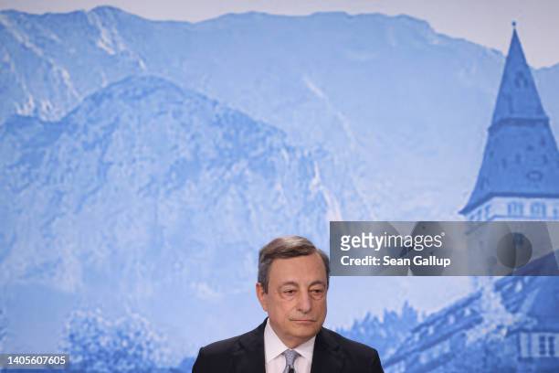 Italian Prime Minister Mario Draghi speaks to the media on the third and final day of the G7 summit at Schloss Elmau on June 28, 2022 near...