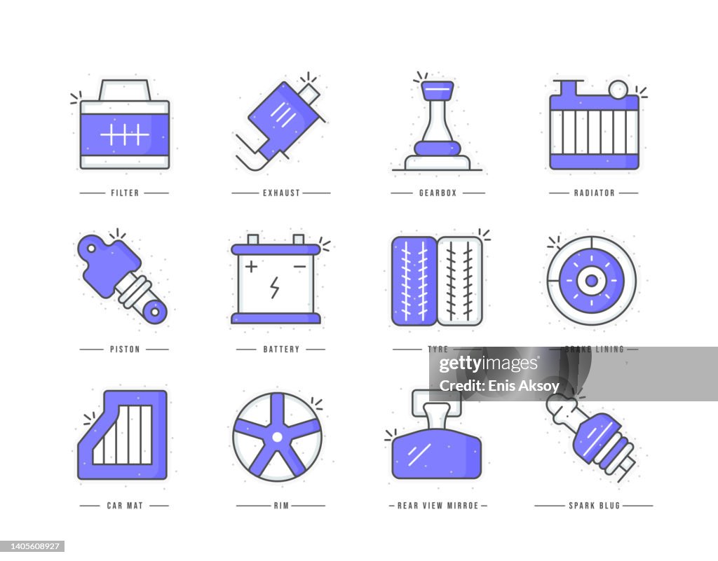 Repuestos de automóviles iconos de color de línea plana