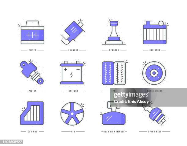 auto spare parts flat line colored icons - car radio stock illustrations