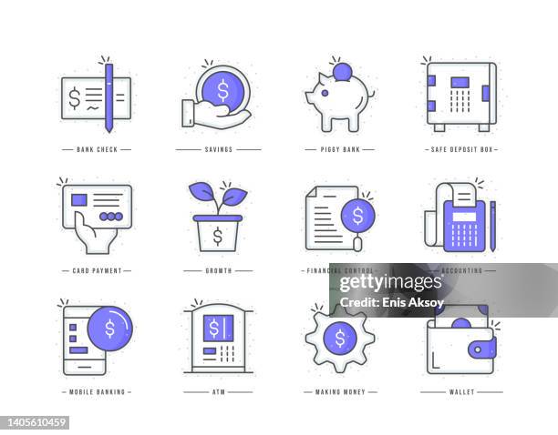 stockillustraties, clipart, cartoons en iconen met banking and finance flat line colored icons - credit report