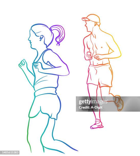 jogging couple rainbow - marathon runner woman clipart stock illustrations