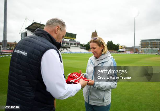 Lisa Keightley, Head Coach of England is presented with their Coaching Cap by Professor John Neal, Head of Coach Development of ECB during Day Two of...