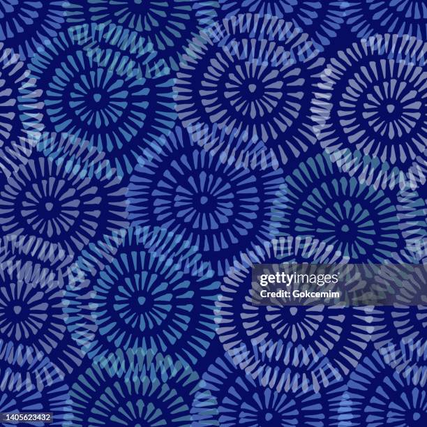 stockillustraties, clipart, cartoons en iconen met monochrome  bright tie-dye shibori sunburst circles indigo background vector seamless pattern. design element for spring-summer textiles, wrapping papers and decoration. - navy watercolor swatch