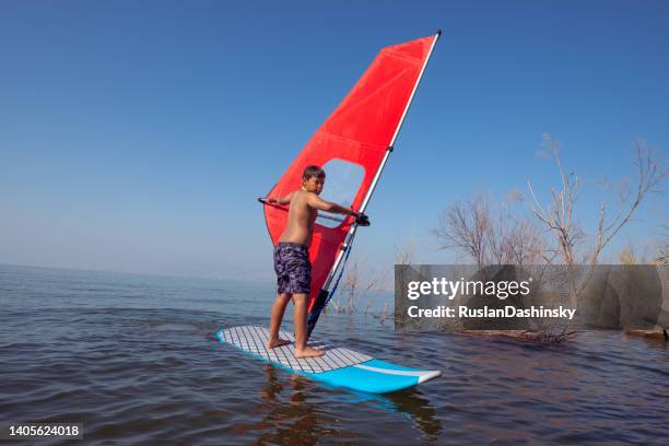ein junge beginnt, windsurfen zu lernen. - windsurfbrett stock-fotos und bilder