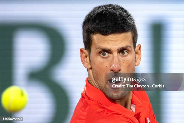 May 31. Novak Djokovic of Serbia in action during his match against Rafael Nadal of Spain on Court Philippe Chatrier during the singles Quarter Final...