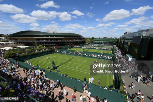 General view of play at court 14 on day two of The Championships Wimbledon 2022 at All England Lawn Tennis and Croquet Club on June 28, 2022 in...