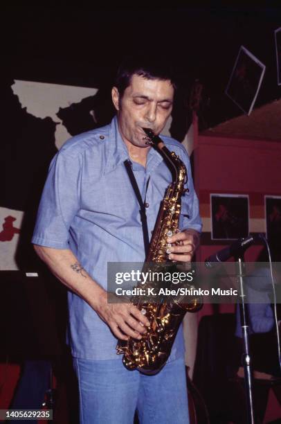 Art Pepper plays the alto sax in blue shirt, unknown, circa 1970s.