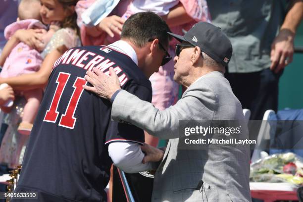 Former Washington Nationals Ryan Zimmerman with owner Ted Lerner during his retirement ceremony before a baseball game against the Philadelphia...