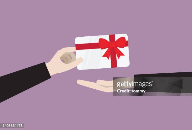 stockillustraties, clipart, cartoons en iconen met businessman sending a gift card - waardebon
