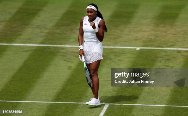 Coco Gauff of United States celebrates a point against Elena-Gabriela Ruse of Romania during their Women's Singles First Round match on day two of...