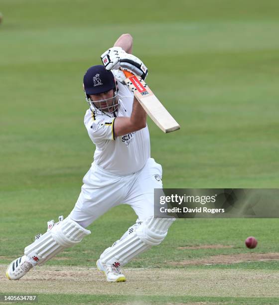 Dom Sibley of Warwickshire drives the ball to the boundary during the LV= Insurance County Championship match between Northamptonshire and...