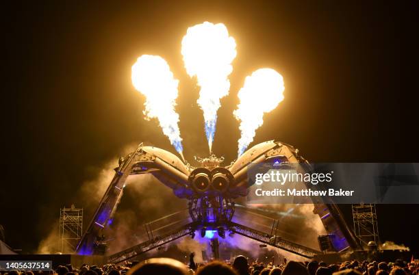 Flames shoot out from the Arcadia spider during day five of Glastonbury Festival at Worthy Farm, Pilton on June 26, 2022 in Glastonbury, England.