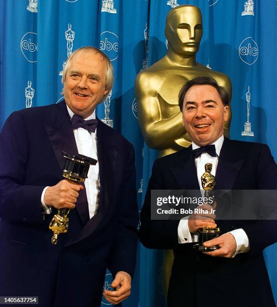 Oscar Winners Tim Rice and Andrew Lloyd Webber win the Best Song backstage at Academy Awards Show, March 24, 1997 in Los Angeles, California.