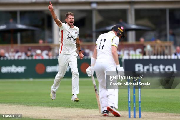 Tom Bailey of Lancashire celebrates capturing the wicket of George Scott of Gloucestershire during day three of the LV= Insurance County Championship...