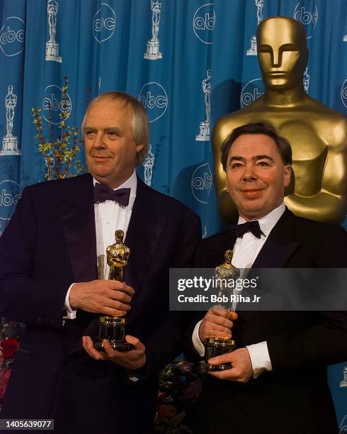 Oscar Winners Tim Rice and Andrew Lloyd Webber win the Best Song backstage at Academy Awards Show, March 24, 1997 in Los Angeles, California.