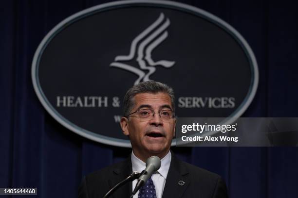 Secretary of Health and Human Services Xavier Becerra speaks during a news conference at the headquarters of HHS June 28, 2022 in Washington, DC....