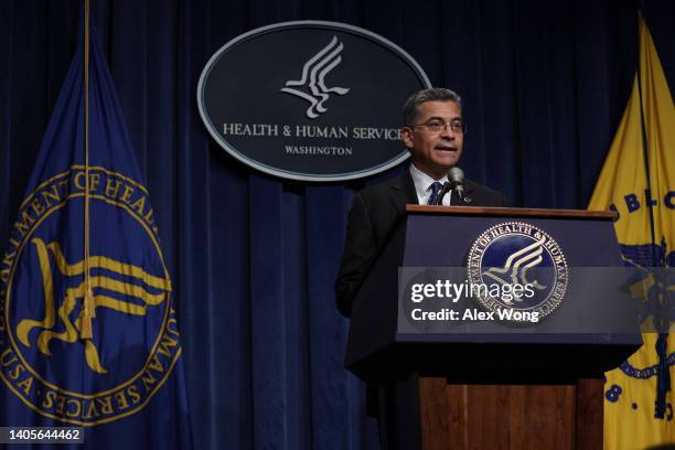 Secretary of Health and Human Services Xavier Becerra speaks during a news conference at the headquarters of HHS June 28, 2022 in Washington, DC....