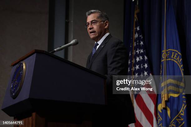 Secretary of Health and Human Services Xavier Becerra speaks during a news conference at the headquarters of HHS June 28, 2022 in Washington, DC....