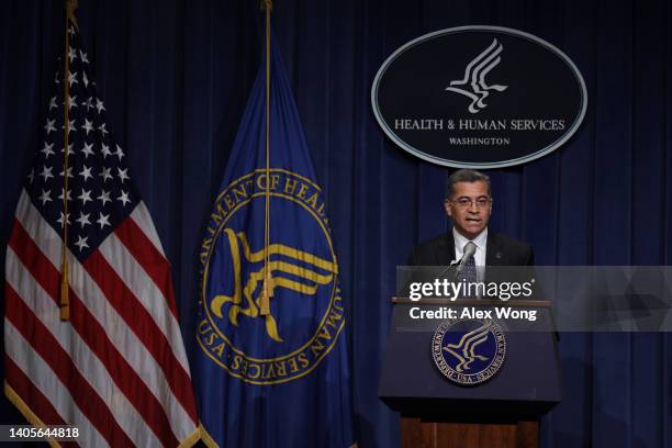 Secretary of Health and Human Services Xavier Becerra speaks during a news conference at the headquarters of HHS June 28, 2022 in Washington, DC....