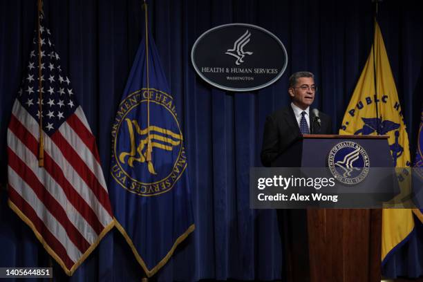 Secretary of Health and Human Services Xavier Becerra speaks during a news conference at the headquarters of HHS June 28, 2022 in Washington, DC....