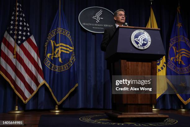 Secretary of Health and Human Services Xavier Becerra speaks during a news conference at the headquarters of HHS June 28, 2022 in Washington, DC....