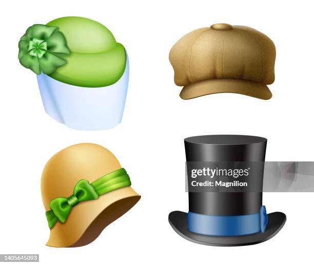 vintage hats women's and men's hats from different eras, pillbox hat, cap hat, top hat, eight-piece hat, cloche hat. - fascinator stock illustrations