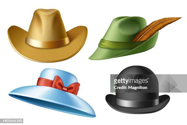ヴィンテージハット 異なる時代の女性用と男性用の帽子、カウボーイハット、保安官の帽子、ロビンフッドの帽子、ボウラーの帽子、女性の青い帽子と蝶結び - fashion awards show点のイラスト素材／クリップアート素材／マンガ素材／アイコン素材