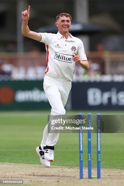 George Balderson of Lancashire celebrates bowling Glenn Phillips of Gloucestershire during day three of the LV= Insurance County Championship match...