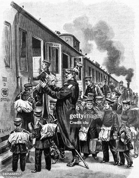 orphan boys from potsdam on a christmas trip by railway entering the train - orphan stock illustrations