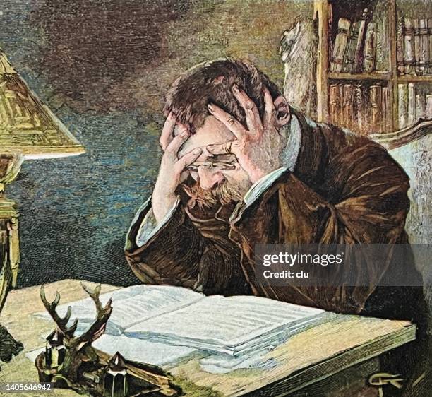 doctor reading a book, holding his hands on head - doctor reading stock illustrations