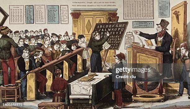 school classroom of the 19th century - archival classroom stock illustrations