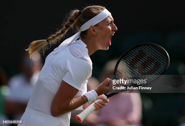 Petra Kvitova of Czech Republic celebrates against Jasmine Paolini of Italy during their Women's Singles First Round Match on day two of The...