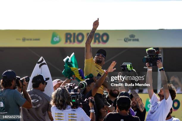 Filipe Toledo celebrates his title of the Oi Rio Pro 2022 at Itauna Beach on June 28, 2022 in Saquarema, Brazil.